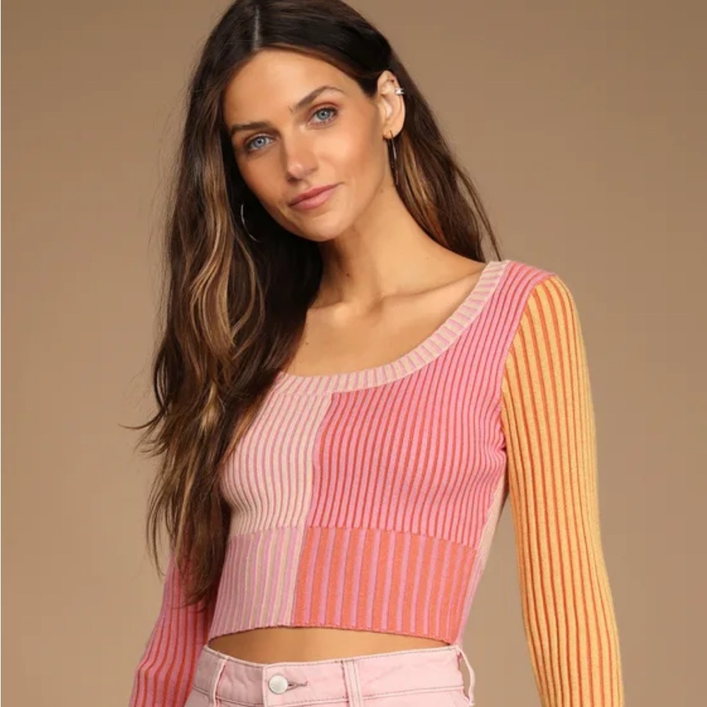 Meant to be Mod Pink Color Block Ribbed Long Sleeve Crop Top